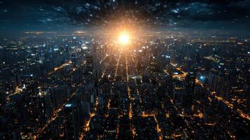 A city at night with a bright light shining through it photo