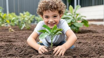A young boy is smiling while holding a plant photo