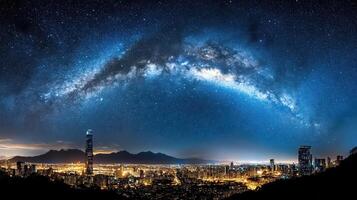 The milky way over the city skyline photo