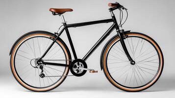 A black bicycle is shown against a white background photo