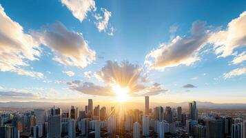 A city skyline with the sun rising over it photo