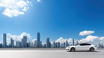 White tesla model 3 on the road with cityscape background photo