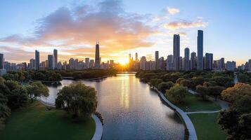 A view of the chicago skyline at sunset photo