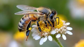A bee is on a flower with yellow and white flowers photo