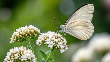 A white butterfly is sitting on some white flowers photo