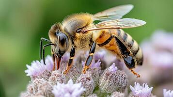 A bee is on a purple flower with a green background photo