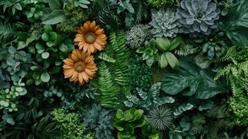 A large green wall with many different plants photo