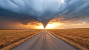 A tornado is seen in the distance as it travels down a road photo