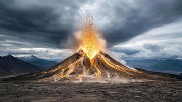 A volcano erupting with smoke and lava photo