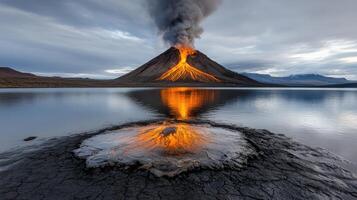 A volcano erupts into the water with orange flames photo