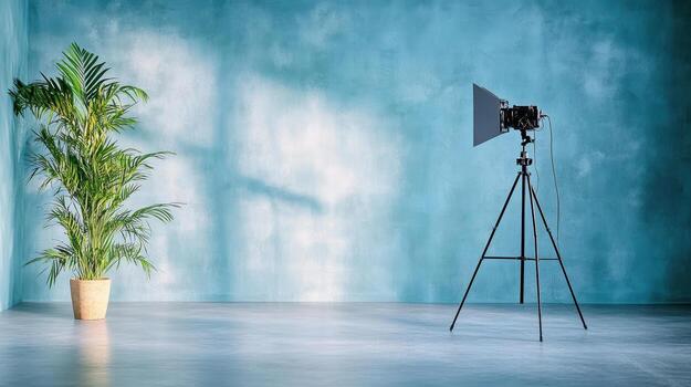 un foto estudio con un trípode y un planta