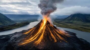 A volcano is erupting with smoke and lava photo