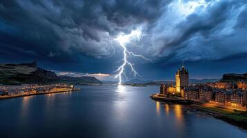 Lightning strikes over a city and water photo