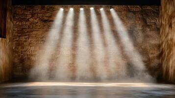 A room with a stone wall and a light coming from the ceiling photo