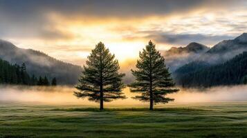 Two trees stand in a field with fog and mountains photo
