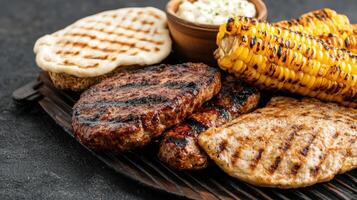 Grilled meat and corn on a black background photo