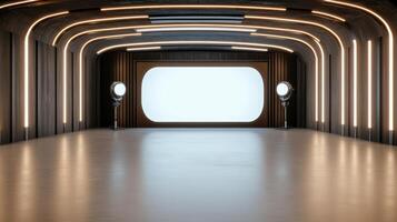 An empty room with a large screen and a light photo