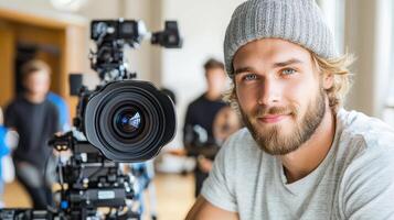 A man with a beard and hat is holding a camera photo