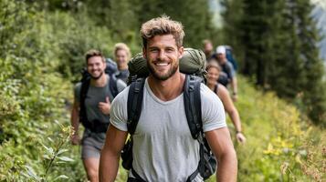 A group of men hiking in the mountains photo
