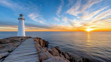 A lighthouse stands on the edge of a rocky cliff overlooking the ocean photo