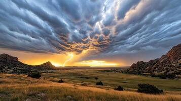 A stormy sky over a field with a lightning bolt photo