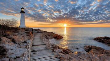 A lighthouse at sunset with a wooden walkway leading to the water photo