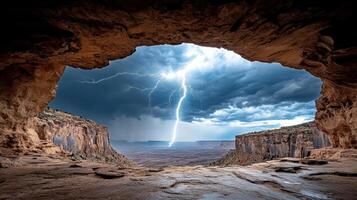 Lightning striking through a canyon photo