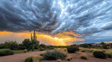 A stormy sky with lightning and cactus photo