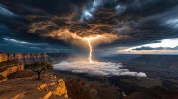 A lightning strike is seen over the grand canyon photo