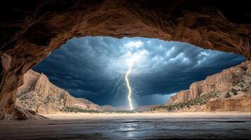 Lightning strikes through a cave in the desert photo