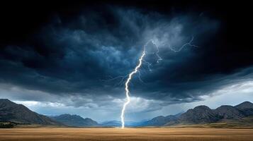 Lightning bolt striking through the sky over a field photo