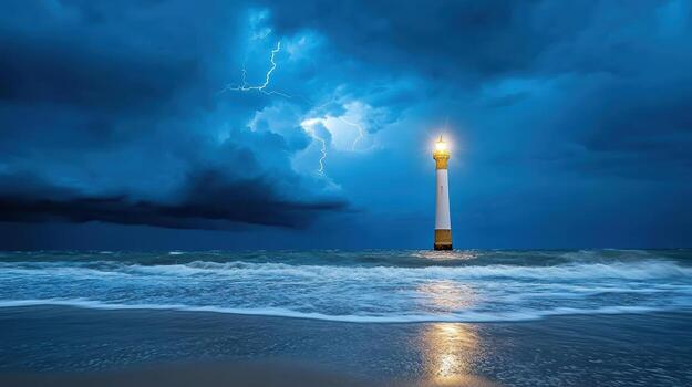 A lighthouse is in the middle of a stormy sky photo