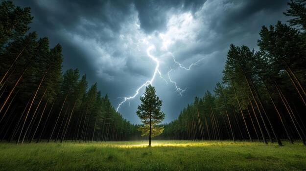 un relámpago tornillo huelgas un árbol en el medio de un bosque foto