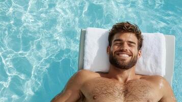 A man is laying on a towel in a pool photo