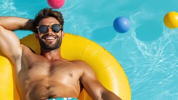 A man in sunglasses and a swimsuit laying on an inflatable ring photo