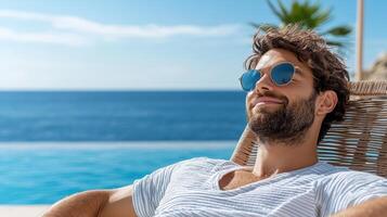 A man with sunglasses and a beard relaxing by the pool photo