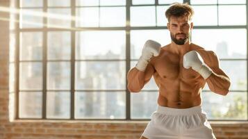 Muscular man in boxing gloves standing in front of window photo