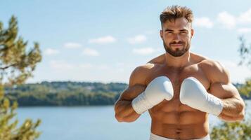 A man in boxing gloves standing in front of a lake photo