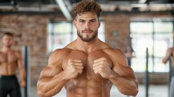 A man with a muscular body is posing for the camera photo
