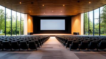 An empty auditorium with a screen in front of it photo