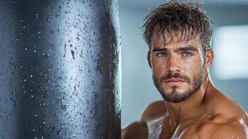A man with a shirt on is leaning against a punching bag photo