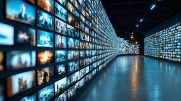 A long row of television screens in a museum photo