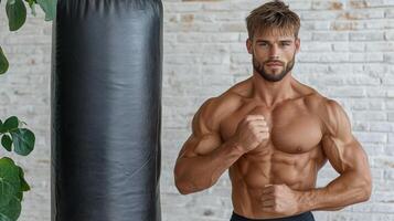 A man with a bodybuilde standing next to a punching bag photo
