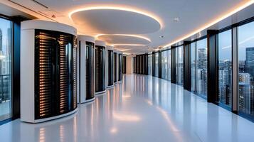 A long hallway with rows of servers in a building photo