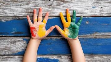 Two hands painted with colorful paint on a wooden background photo