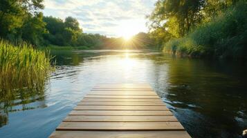 A wooden dock in the middle of a river photo