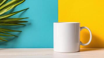 A white mug is on a table next to a palm leaf photo