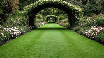 A long green path with flowers and roses photo