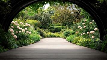 A walkway through a garden with flowers and trees photo