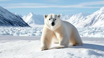 A polar bear is standing on top of a snowy hill photo